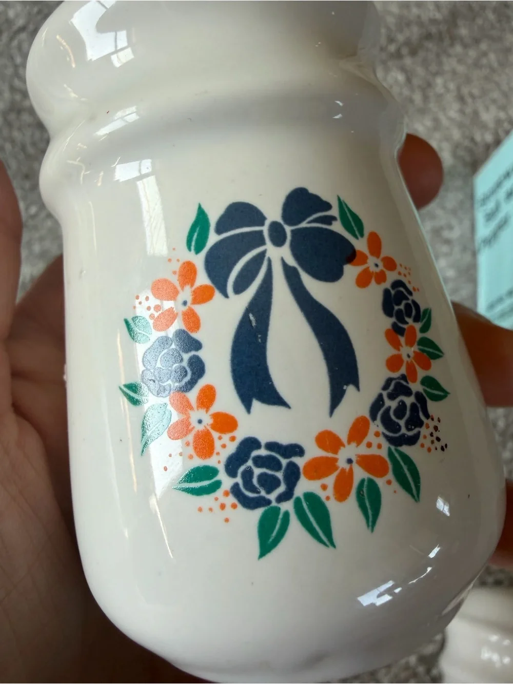 White Stoneware Salt & Pepper Shakers with Blue Floral Wreath